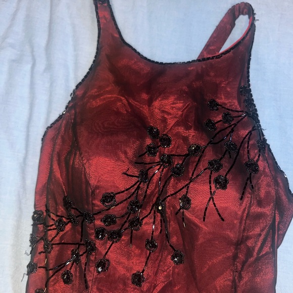 Vintage Red Floral Beaded Elegant Prom Ball Formal Gown Dress - Picture 7 of 11